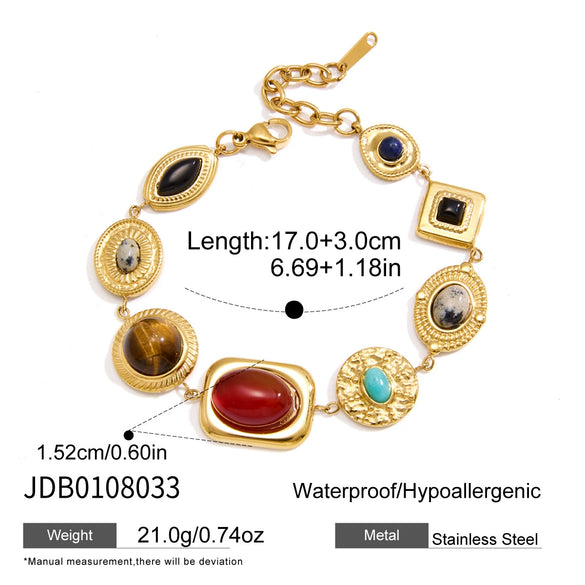 Women's Geometric Colored Natural Stone Bracelet In Hypoallergenic Stainless Steel With Gold Tone Plated Finish