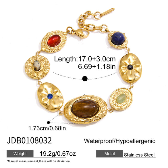 Women's Geometric Colored Natural Stone Bracelet In Hypoallergenic Stainless Steel With Gold Tone Plated Finish