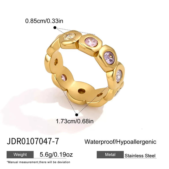 Women's Geometric Colored Zircon Stainless Steel Ring With Pvd Vacuum Gold Plating Hypoallergenic Jewelry