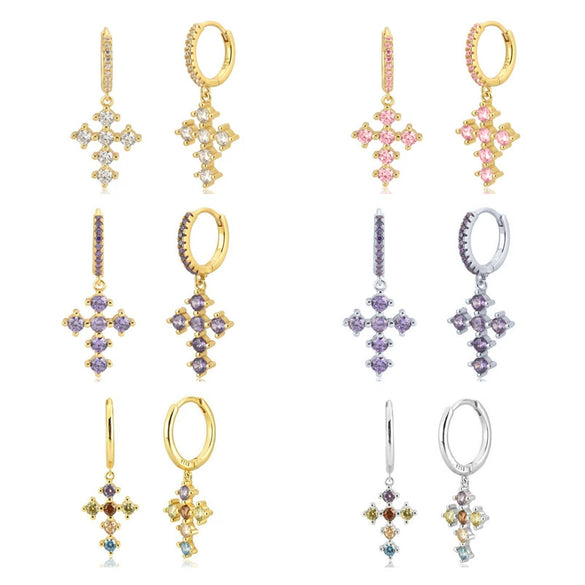 Women's Geometric Colorful Copper Earrings With Silver Needle Cross Design Electroplated Diamond Inlay Simple Light Luxury Ear Buckle