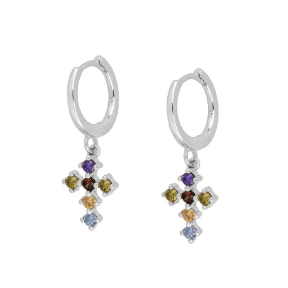 Women's Geometric Colorful Copper Earrings With Silver Needle Cross Design Electroplated Diamond Inlay Simple Light Luxury Ear Buckle