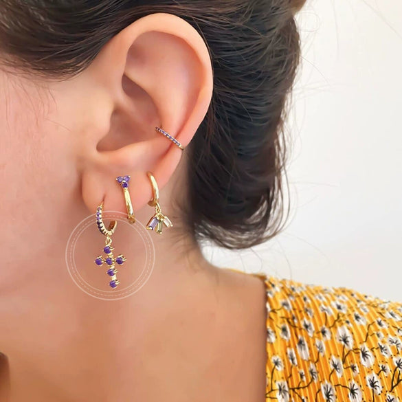 Women's Geometric Colorful Copper Earrings With Silver Needle Cross Design Electroplated Diamond Inlay Simple Light Luxury Ear Buckle