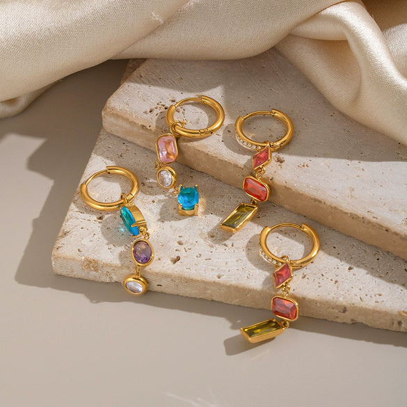 Women's Geometric Colorful Zircon Earrings With Stainless Steel Ear Posts And 18K Gold Pvd Plating