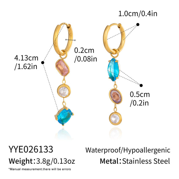 Women's Geometric Colorful Zircon Earrings With Stainless Steel Ear Posts And 18K Gold Pvd Plating