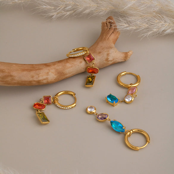 Women's Geometric Colorful Zircon Earrings With Stainless Steel Ear Posts And 18K Gold Pvd Plating