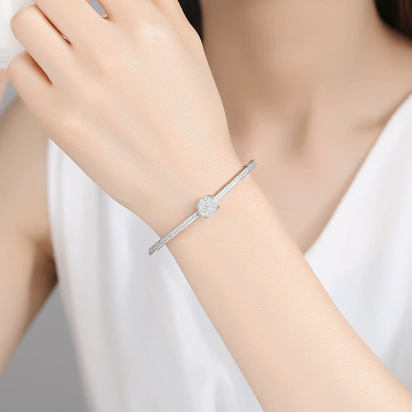 Women's Geometric Copper Bracelet With Micro Inlaid Zircon Accents Electroplated Finish And Simple Double Row Design