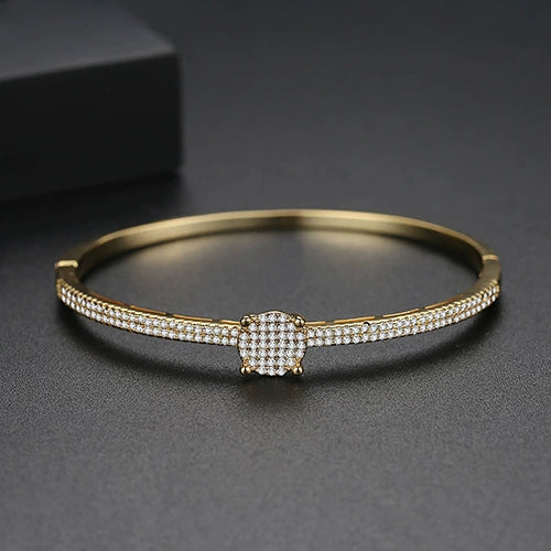Women's Geometric Copper Bracelet With Micro Inlaid Zircon Accents Electroplated Finish And Simple Double Row Design