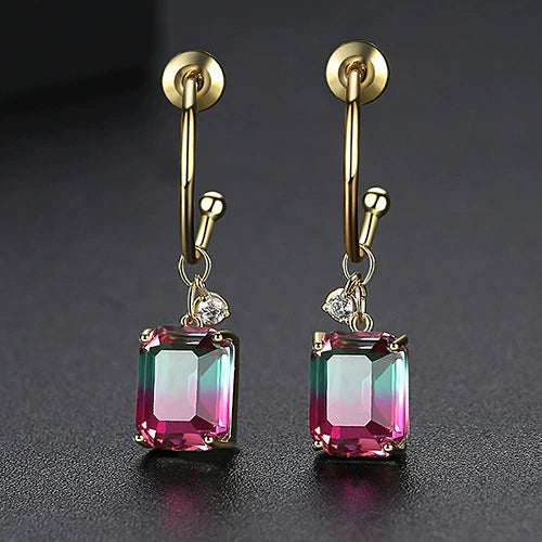 Women's Geometric Copper Drop Earrings With Colorful Tourmaline Accents And Electroplated Fashion Jewelry Design