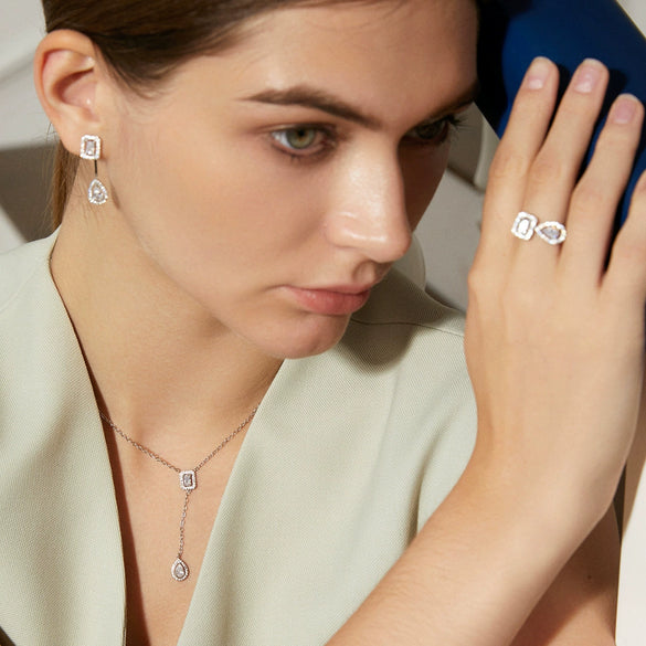 Women's Geometric Copper Drop Earrings With Zircon Accents And Electroplated Rearhanging Fashion Design