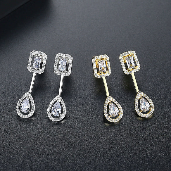 Women's Geometric Copper Drop Earrings With Zircon Accents And Electroplated Rearhanging Fashion Design