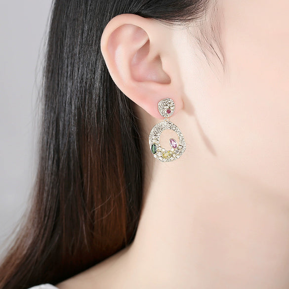 Women's Geometric Copper Earrings Set With Colorful Zircon Accents And Electroplated Finish Fashionable Elegant Statement Jewelry