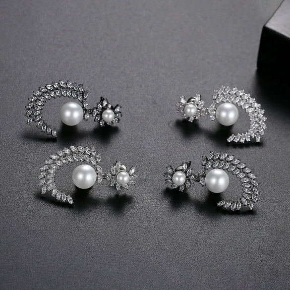 Women's Geometric Copper Earrings With Gray Pearls And Inlaid Zircon Electroplated Fashion Jewelry