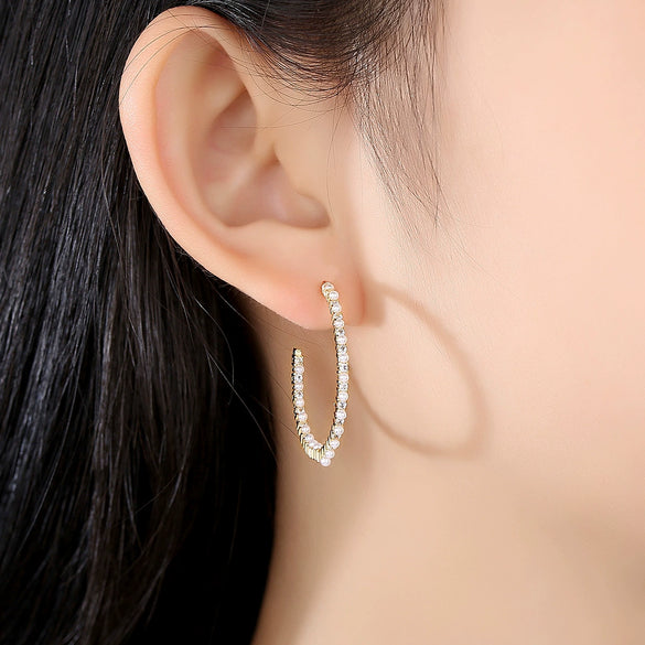 Women's Geometric Copper Earrings With Single Row Zircon And Pearl Accents Sparkling Fashion Jewelry Gift