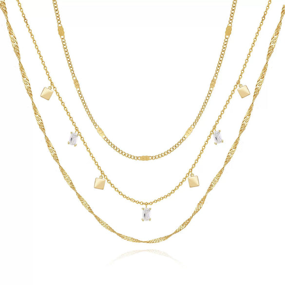Women's Geometric Copper Layered Chain Necklace With Cubic Zirconia Chic Electroplated Jewelry