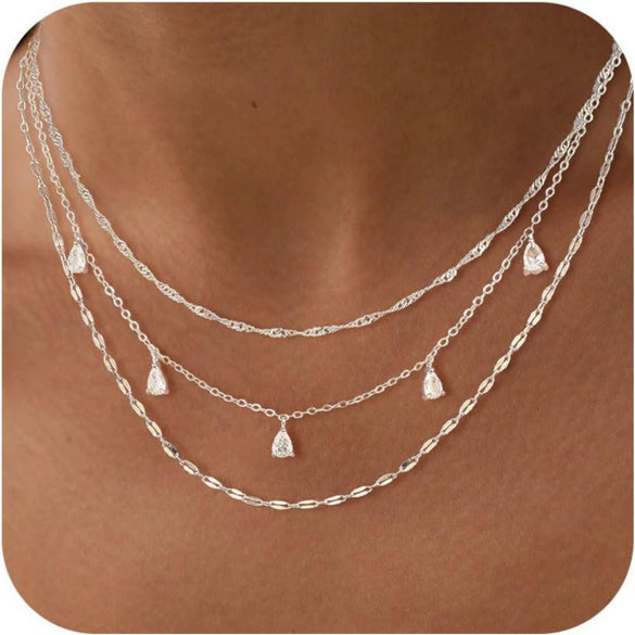 Women's Geometric Copper Layered Chain Necklace With Cubic Zirconia Chic Electroplated Jewelry