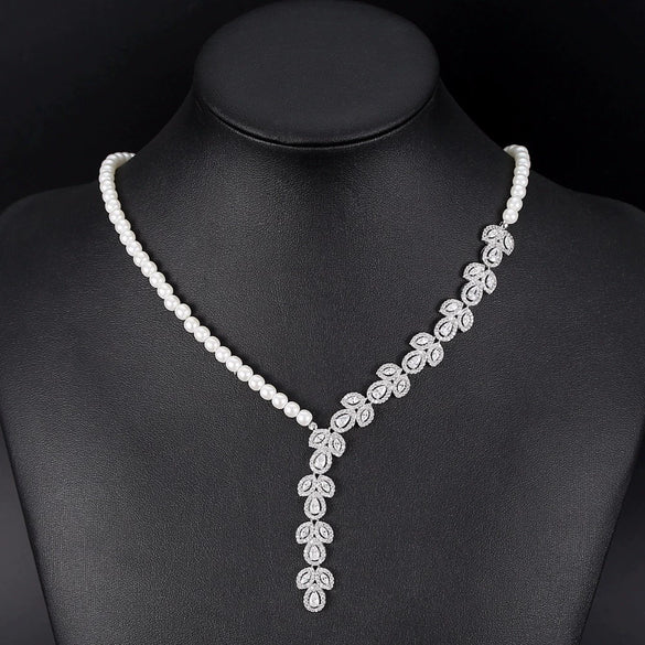 Women's Geometric Copper Pearl And Zircon Necklace And Earring Set With Handmade Chain For Wedding Jewelry