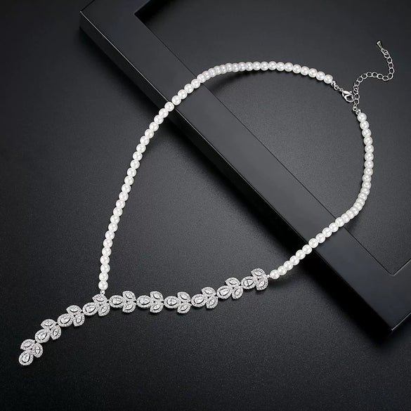 Women's Geometric Copper Pearl And Zircon Necklace And Earring Set With Handmade Chain For Wedding Jewelry