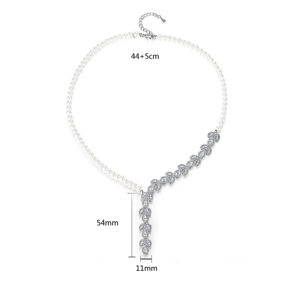 Women's Geometric Copper Pearl And Zircon Necklace And Earring Set With Handmade Chain For Wedding Jewelry