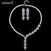 Women's Geometric Copper Pearl And Zircon Necklace And Earring Set With Handmade Chain For Wedding Jewelry