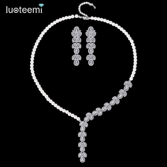 Women's Geometric Copper Pearl And Zircon Necklace And Earring Set With Handmade Chain For Wedding Jewelry