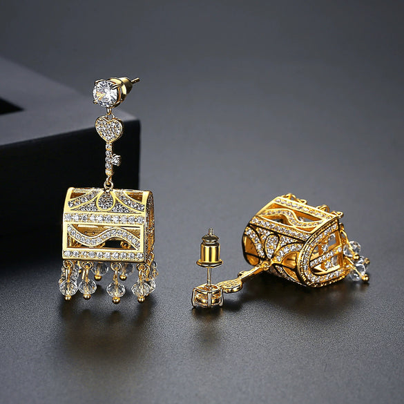 Women’s Geometric Copper Tassel Drop Earrings With Zircon Inlay And Electroplated Statement Fashion Design