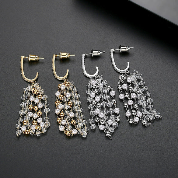 Women's Geometric Copper Tassel Earrings With Zircon And Pearl Accents Electroplated Long Dangle Fashion Jewelry
