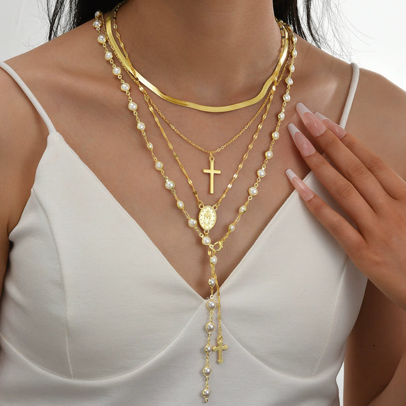 Women's Geometric Cross Pearl Necklace With Zinc Alloy Sweater Chain Tassel Detail Electroplated Light Luxury Layered Jewelry