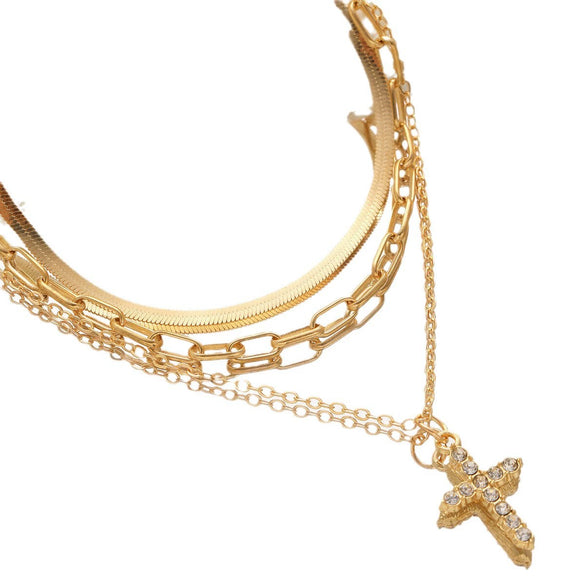 Women's Geometric Cross Pendant Layered Necklace Set With Electroplated Alloy Collarbone Chains