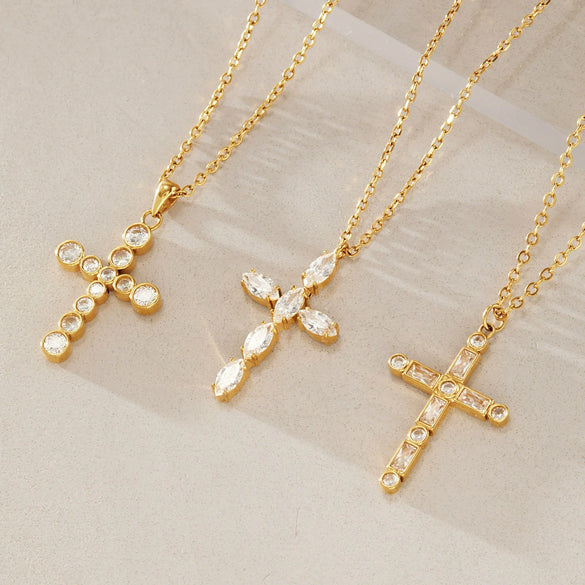 Women's Geometric Cross Pendant Necklace In Stainless Steel With Pvd Vacuum Gold Plating And Lobster Clasp