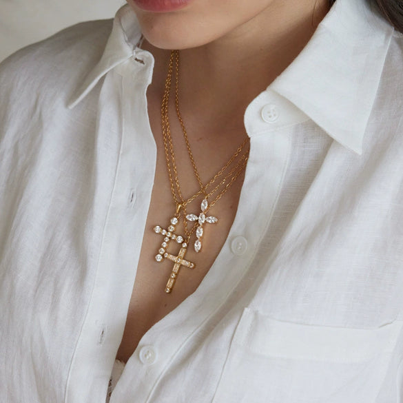 Women's Geometric Cross Pendant Necklace In Stainless Steel With Pvd Vacuum Gold Plating And Lobster Clasp
