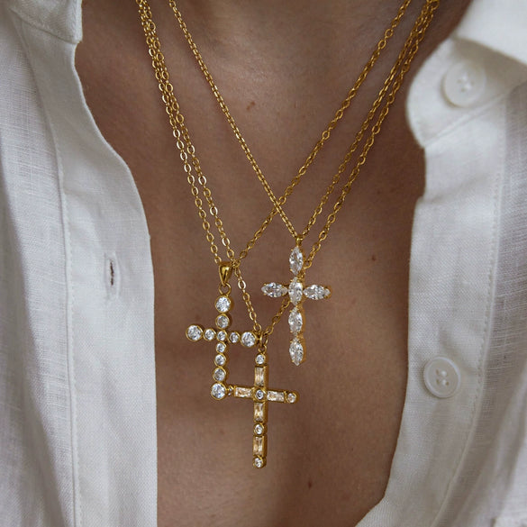 Women's Geometric Cross Pendant Necklace In Stainless Steel With Pvd Vacuum Gold Plating And Lobster Clasp