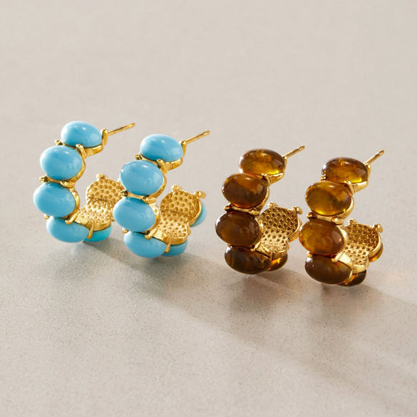 Women's Geometric Cshaped Blue Turquoise Resin Stud Earrings In Stainless Steel With Pvd Gold Plated Finish