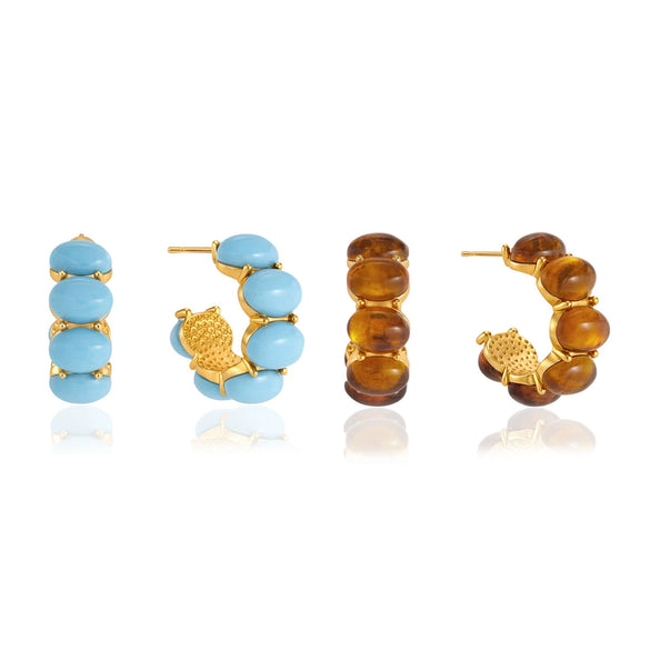 Women's Geometric Cshaped Blue Turquoise Resin Stud Earrings In Stainless Steel With Pvd Gold Plated Finish