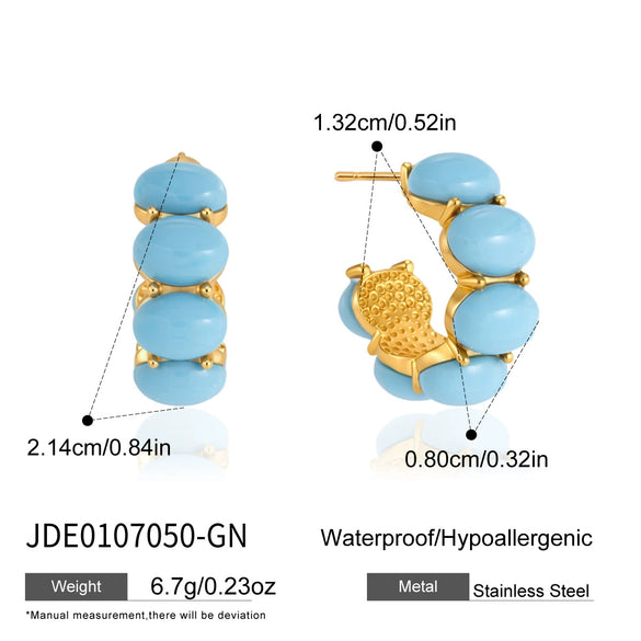 Women's Geometric Cshaped Blue Turquoise Resin Stud Earrings In Stainless Steel With Pvd Gold Plated Finish