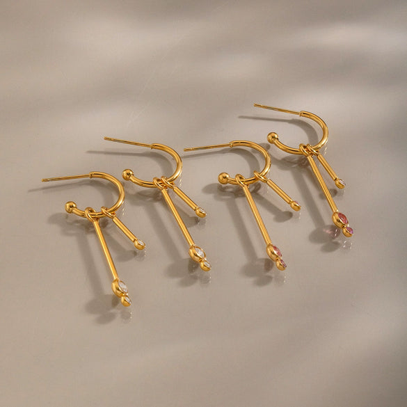 Women's Geometric Cshaped Tassel Earrings With Cubic Zirconia Stainless Steel Ear Posts And Pvd Gold Plating
