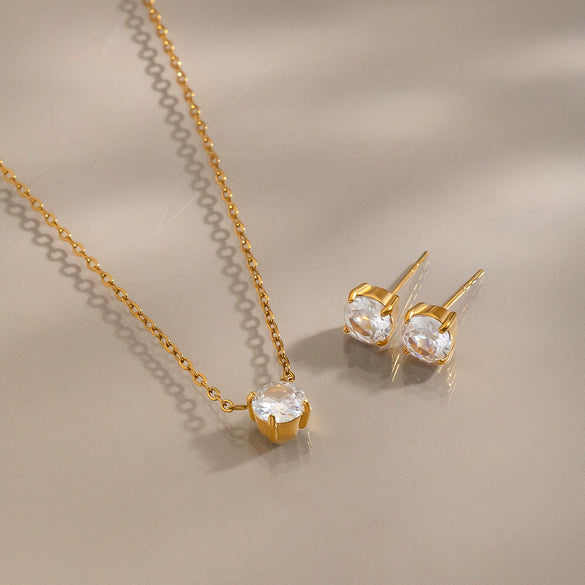 Women's Geometric Cubic Zirconia Necklace And Earring Set In Stainless Steel With 18K Gold Pvd Plating