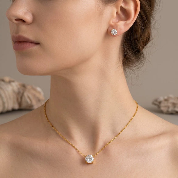 Women's Geometric Cubic Zirconia Necklace And Earring Set In Stainless Steel With 18K Gold Pvd Plating