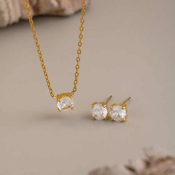 Women's Geometric Cubic Zirconia Necklace And Earring Set In Stainless Steel With 18K Gold Pvd Plating