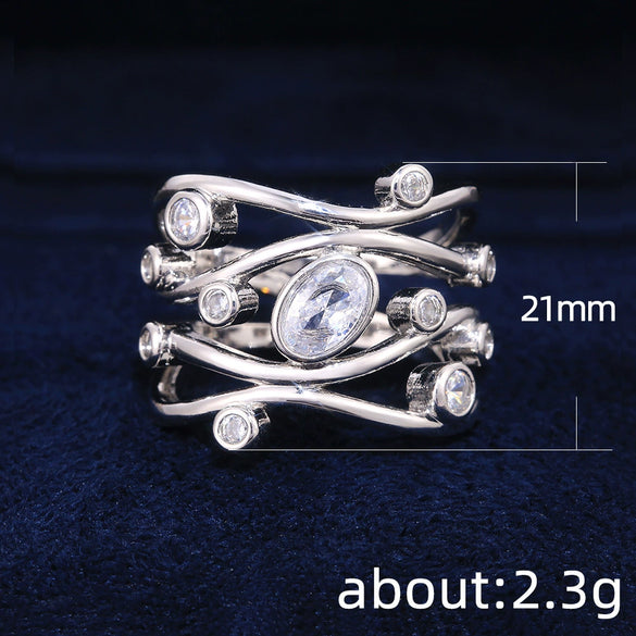Women's Geometric Curve Zircon Ring Copper Platinum Plated Micro Inlay Jewelry