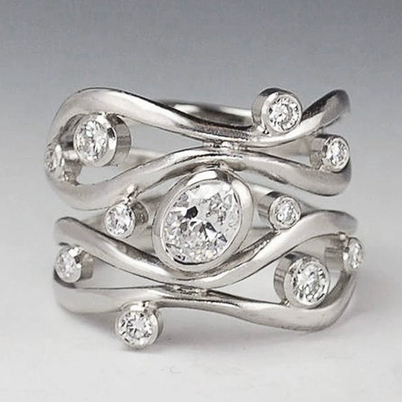 Women's Geometric Curve Zircon Ring Copper Platinum Plated Micro Inlay Jewelry