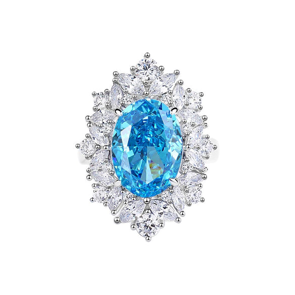Women's Geometric Diamond Design S925 Sterling Silver Ring With Aquamarine And Sapphire