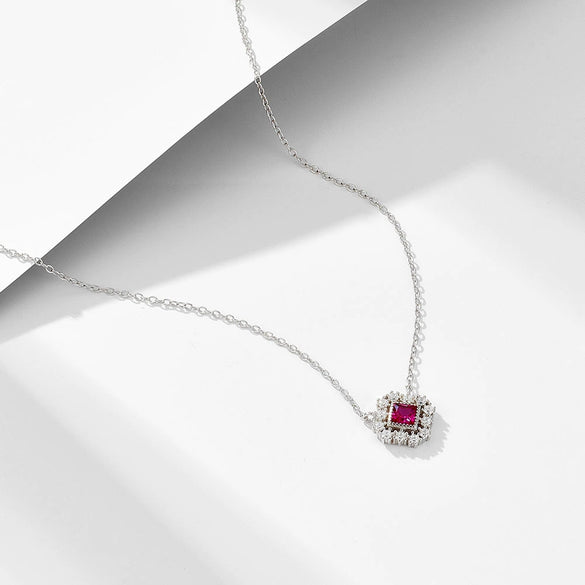 Women's Geometric Diamond 925 Silver Square Hollow Pendant Cross Chain Zircon Ruby Necklace