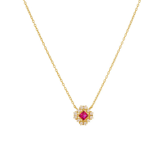Women's Geometric Diamond 925 Silver Square Hollow Pendant Cross Chain Zircon Ruby Necklace