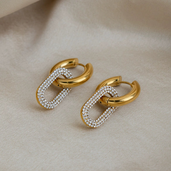 Women's Geometric Diamondstudded Stainless Steel Vacuum 18K Gold Plated Pendant Earrings