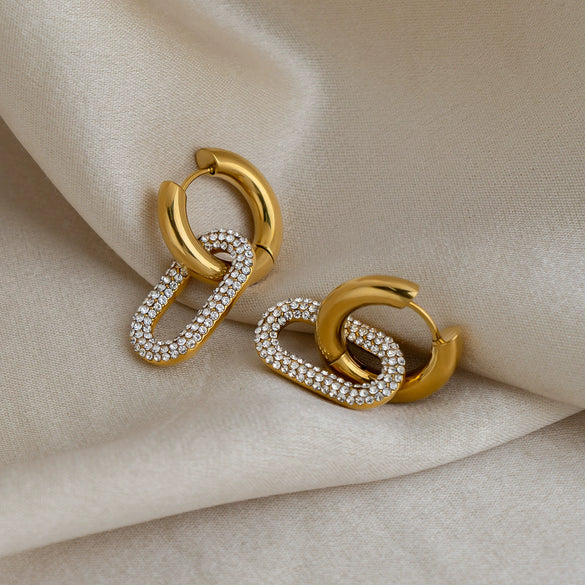 Women's Geometric Diamondstudded Stainless Steel Vacuum 18K Gold Plated Pendant Earrings