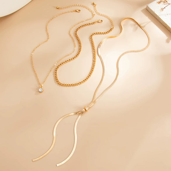 Women's Geometric Doublelayer Plated Iron Flat Snake Chain Necklace With Tassel Pendant And Lobster Clasp Versatile Fashion Jewelry