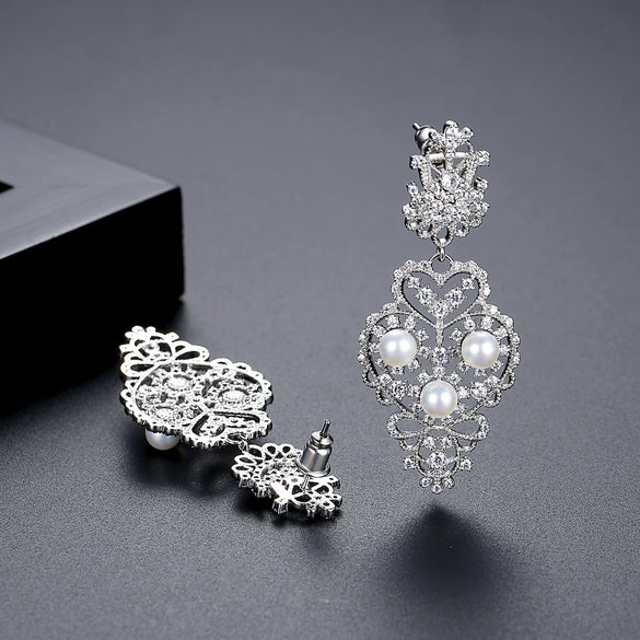Women's Geometric Electroplated Copper Earrings With Rice Beads Zircon And Pearl Accents For Bridal Events