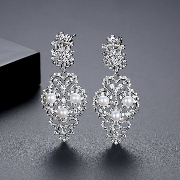 Women's Geometric Electroplated Copper Earrings With Rice Beads Zircon And Pearl Accents For Bridal Events