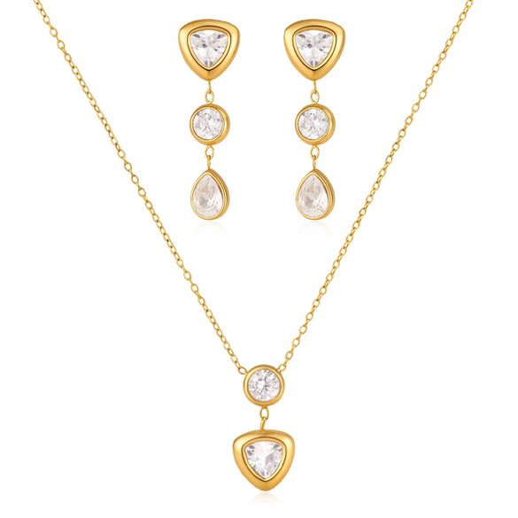 Women's Geometric Electroplated Stainless Steel Jewelry Set With Titanium Steel Necklace Zircon Tassel Earrings And Triangular Zirconia Details