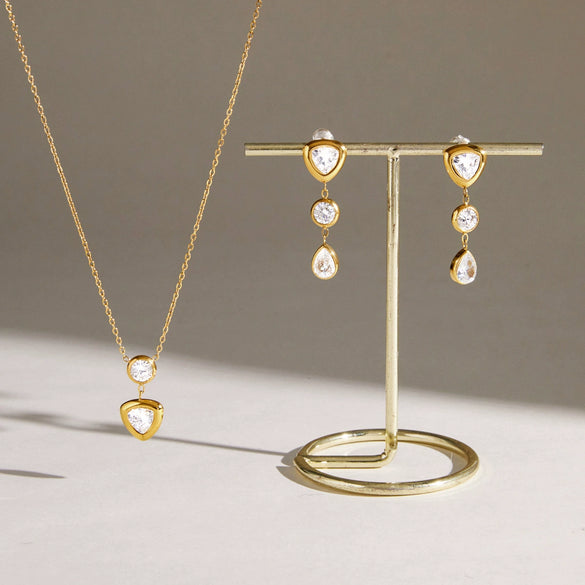 Women's Geometric Electroplated Stainless Steel Jewelry Set With Titanium Steel Necklace Zircon Tassel Earrings And Triangular Zirconia Details
